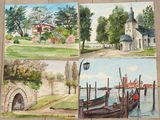 quatre tableaux représentant des bateaux et des bâtiments sur un plancher en bois