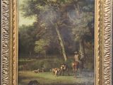 painting of a man on a horse with a herd of cattle in a wooded area