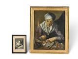 un tableau représentant une vieille femme portant un turban et une photo encadrée d'un homme