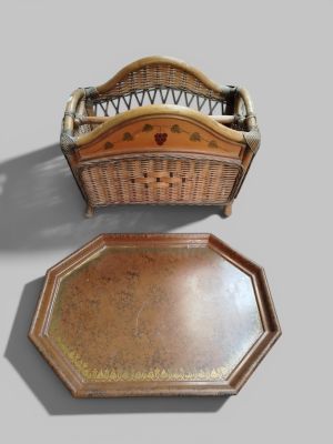 a wicker basket and a tray on a table
