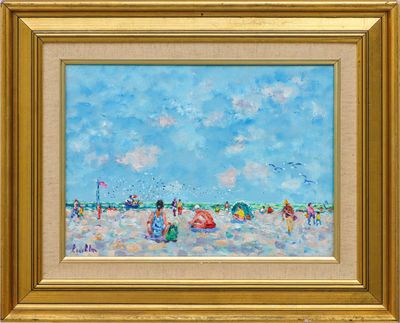 an oil painting of a beach scene with people on the sand