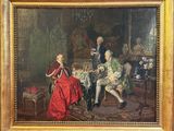 painting of a man and a woman playing chess in a room