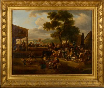 une peinture à l'huile représentant une foule rassemblée autour d'une calèche