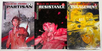 trois livres posés sur une surface blanche, avec l'image d'un homme tenant un pistolet
