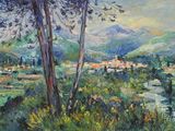 peinture représentant un paysage avec une rivière et un village au loin
