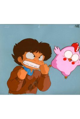 an image of a cartoon of a man and a pink bird