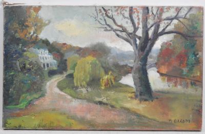 une image représentant une peinture d'une route de campagne avec une maison en arrière-plan