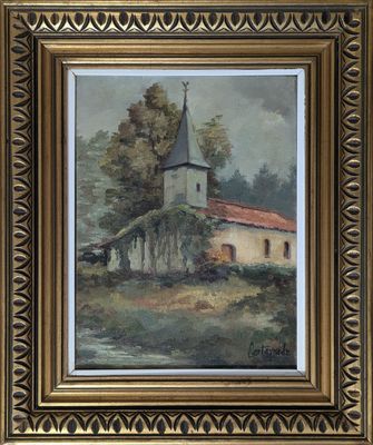 une peinture à l'huile représentant une église sur une colline, avec des arbres en arrière-plan