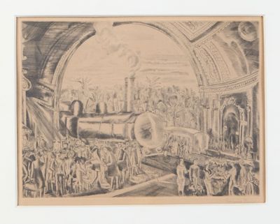 an old drawing of a train in a train station with people standing around it