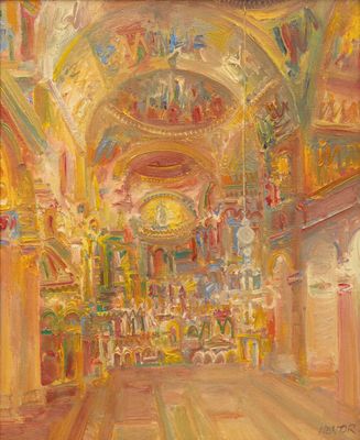 une peinture représentant une peinture d'une église avec des personnes à l'intérieur