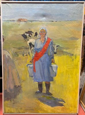 un tableau représentant une femme tenant un seau et une vache