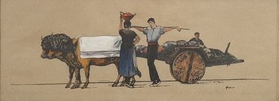 painting of a man and a woman standing next to a horse drawn carriage