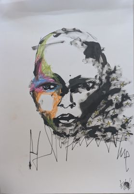 tableau représentant un homme au visage coloré sur fond blanc