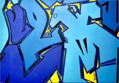 a painting of blue and yellow graffiti on a blue background