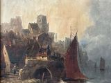 painting of a harbor scene with boats and a castle in the background