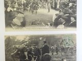two old black and white photos of people and animals in a field