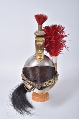a helmet with a red feather on top of it
