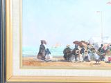 a painting of a group of people sitting on the beach