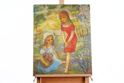 a painting of two girls on a easel with a basket of flowers