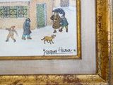 une photo d'un tableau représentant des personnes et un chien dans la neige