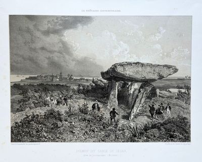 gravure représentant un stonehench au milieu d'un champ, entouré de personnes