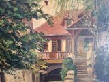 an oil painting of a house with a bridge in the middle of it