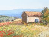une peinture d'une grange au milieu d'un champ