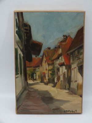 une peinture à l'huile représentant une rue d'une petite ville, sur un support blanc
