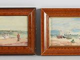 painting of a beach scene with people on the sand and a boat in the water
