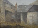a painting of a building with a horse in front of it