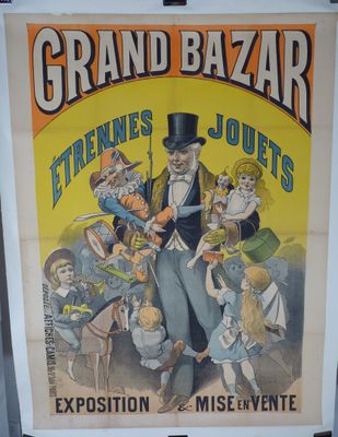 une vieille affiche représentant un homme coiffé d'un haut-de-forme, entouré d'autres personnes