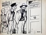 drawing of a man in a hat and a man in a suit standing in front of a door