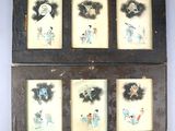 four framed pictures of people in various poses on a white background