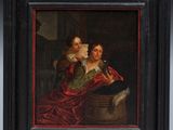 une peinture à l'huile représentant un homme et une femme en robe rouge