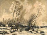 an image of a painting of a snowy landscape with trees