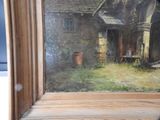 a picture of a painting of a barn in a window