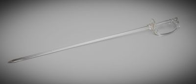an image of a glass sword with a metal handle on a gray background