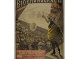 une vieille affiche représentant une femme tenant une feuille de papier devant une foule
