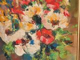 a painting of flowers in a blue vase on a table