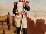 tableau représentant un homme en uniforme, tenant un fusil et debout devant un champ