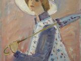 tableau représentant une femme coiffée d'un chapeau blanc et tenant un parapluie