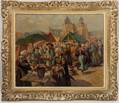 un vieux tableau représentant une scène de marché où des gens vendent des marchandises