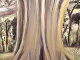 une peinture à l'huile représentant un grand arbre dans une forêt