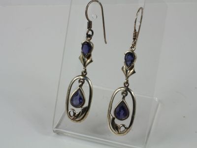 a pair of earrings with blue stones on a clear display case