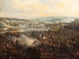 tableau représentant un grand groupe d'hommes dans un champ, avec le ciel en arrière-plan