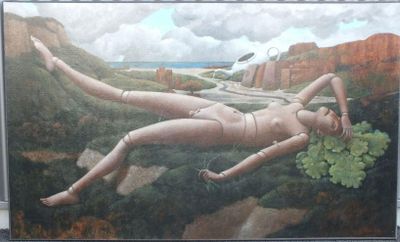 painting of a naked woman laying on a hill with a road in the background