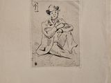 an old drawing of a man sitting on the ground with a guitar