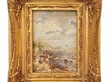 une image représentant un tableau représentant une scène de plage, dans un cadre doré