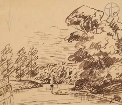 drawing of a landscape with trees and a river in the foreground