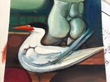 a painting of a bird sitting on top of a table